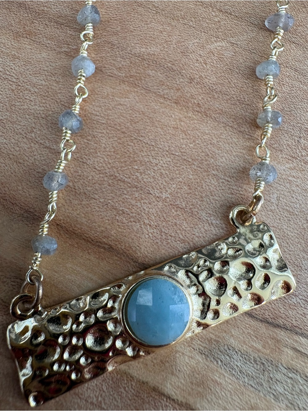 Gold Textured Bar Necklace with Blue Gemstone 20”